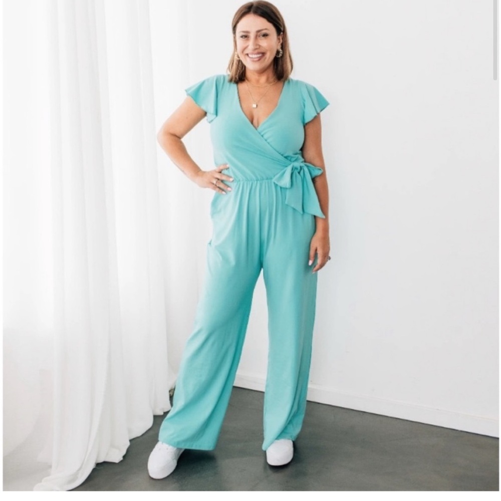 Smash + Tess Blue Jumpsuit with Wrap Top and Tie Waist